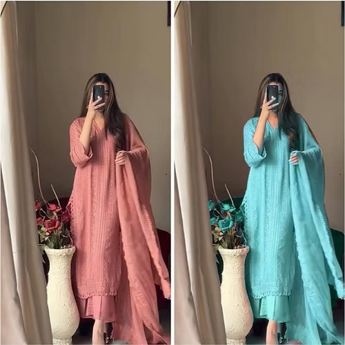 Women's Peach Color Chinon 3pc suit