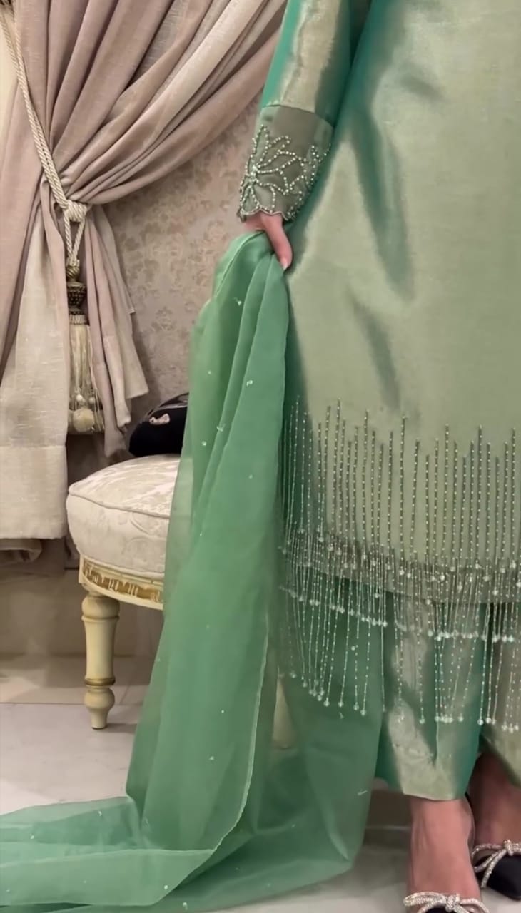 GREEN SILK EMBROIDERED SUIT WITH BEAUTIFUL HANDWORK