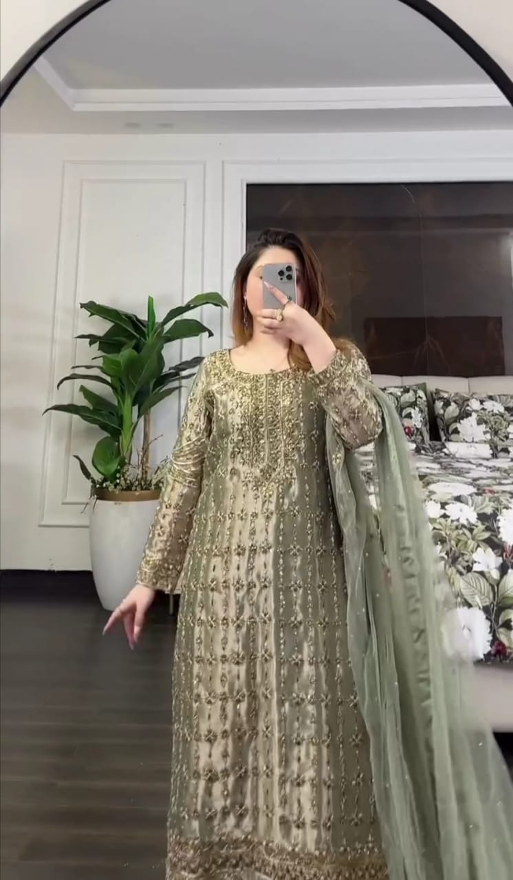 HEAVY EMBROIDERED HANDWORK PISTA COLOR 3PC SUIT