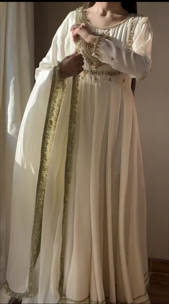 WHITE COLOR EMBROIDERED FROCK WITH DUPATTA AND TROUSER