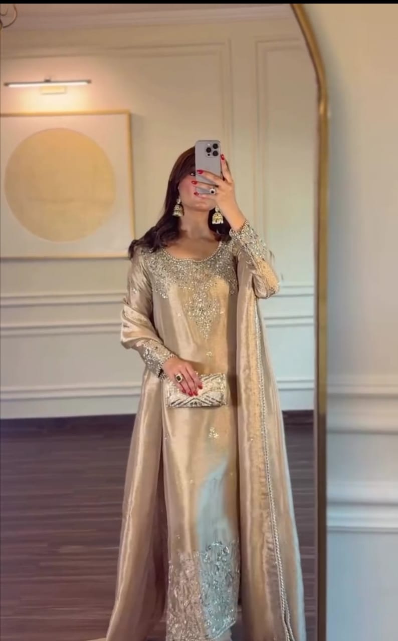 CREAM COLOR EMBROIDERED FROCK WITH DUPATTA AND TROUSER