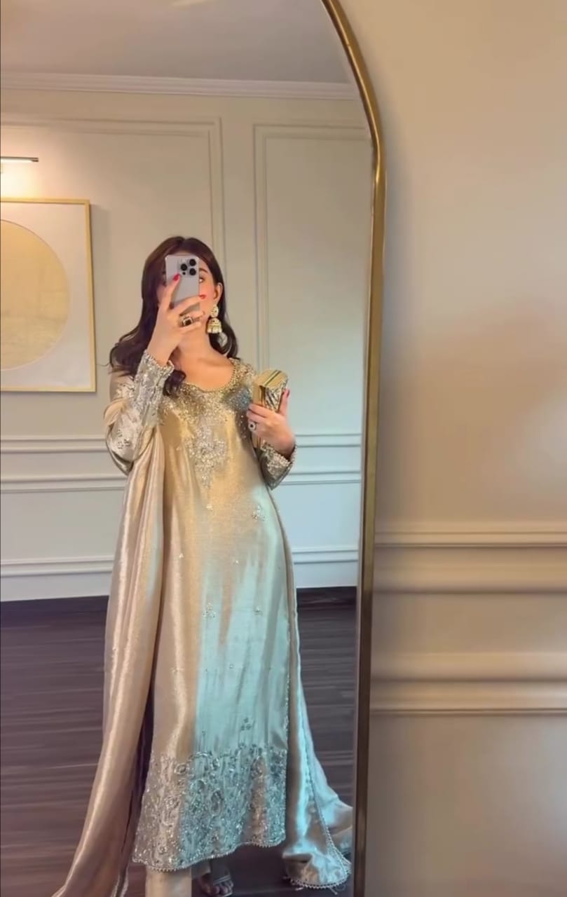 CREAM COLOR EMBROIDERED FROCK WITH DUPATTA AND TROUSER