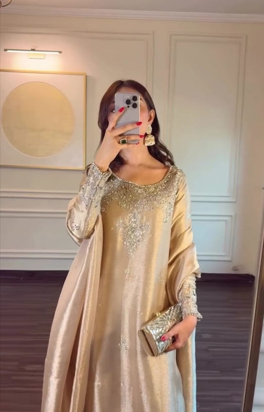 CREAM COLOR EMBROIDERED FROCK WITH DUPATTA AND TROUSER