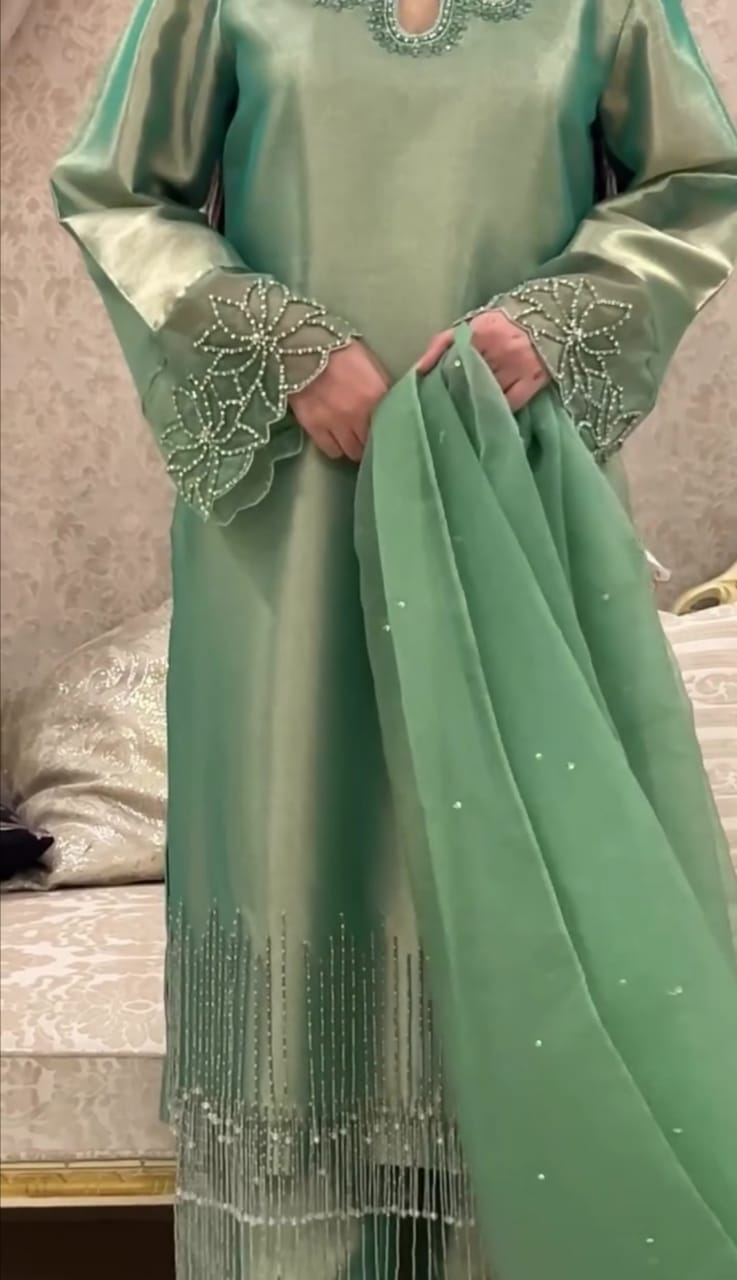GREEN SILK EMBROIDERED SUIT WITH BEAUTIFUL HANDWORK