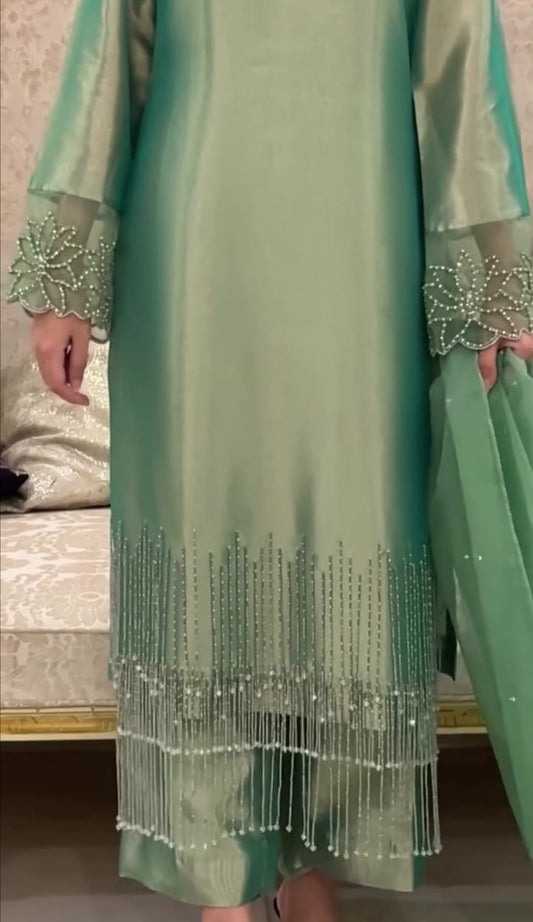 GREEN SILK EMBROIDERED SUIT WITH BEAUTIFUL HANDWORK