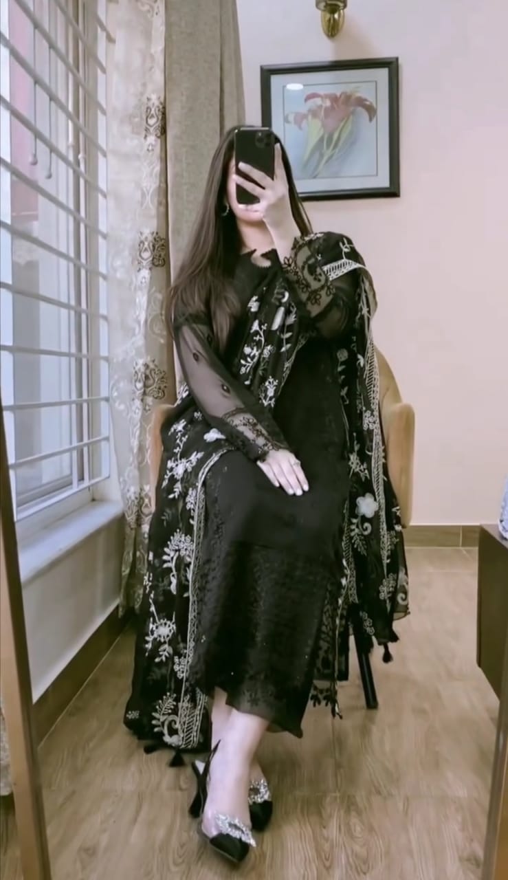 BLACK EMBROIDERED 3PC SUIT WITH NET DUPATTA