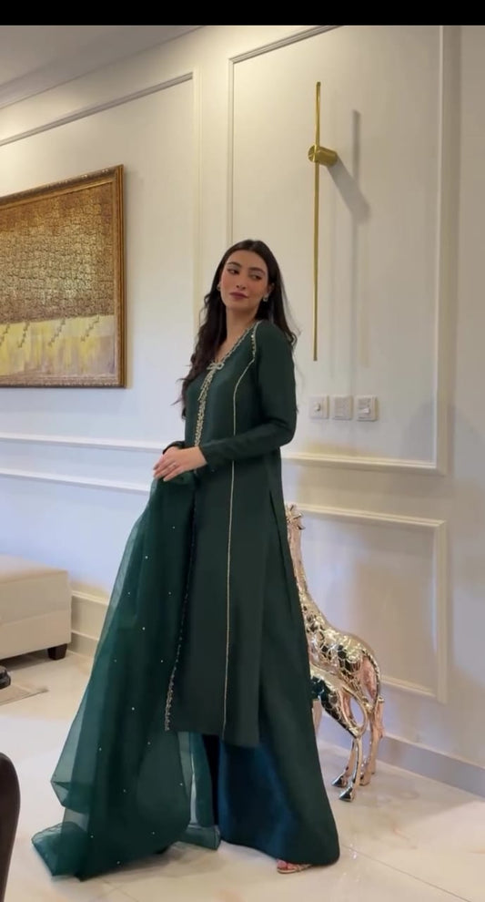 FOREST GREEN EMBROIDERED FROCK WITH DUPATTA AND TROUSER