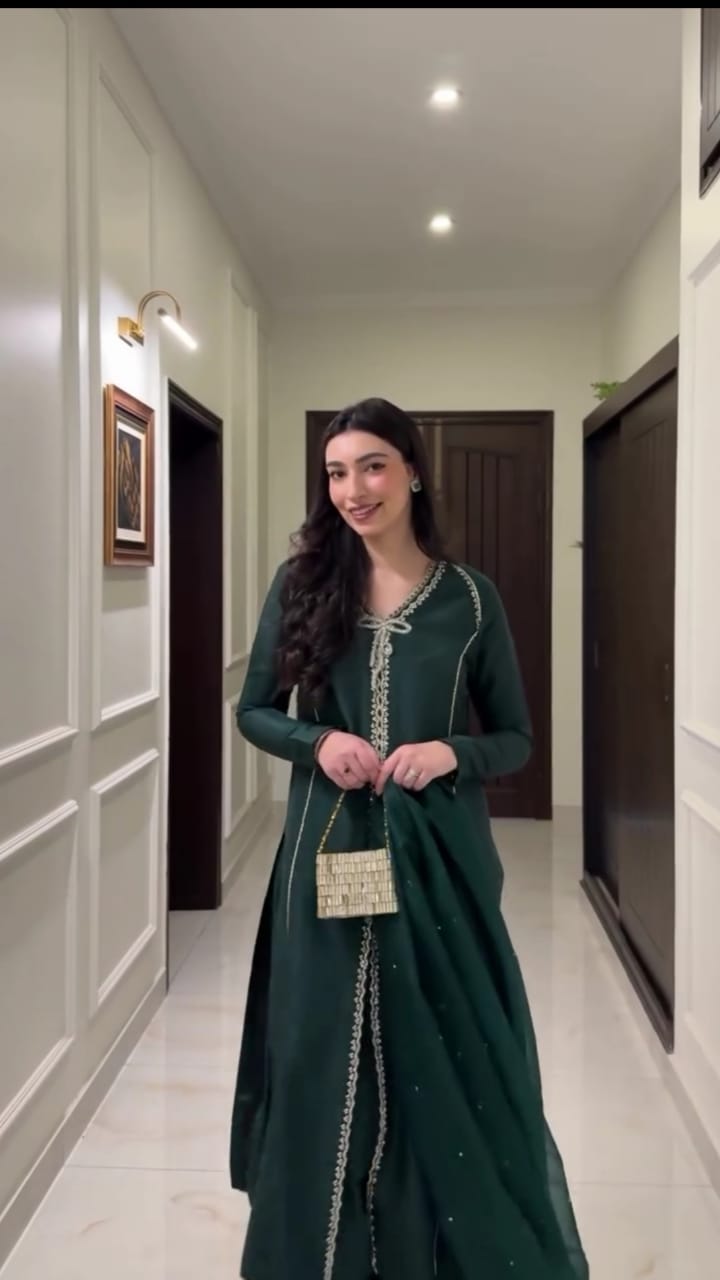 FOREST GREEN EMBROIDERED FROCK WITH DUPATTA AND TROUSER