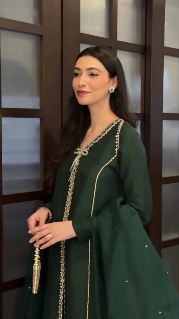 FOREST GREEN EMBROIDERED FROCK WITH DUPATTA AND TROUSER