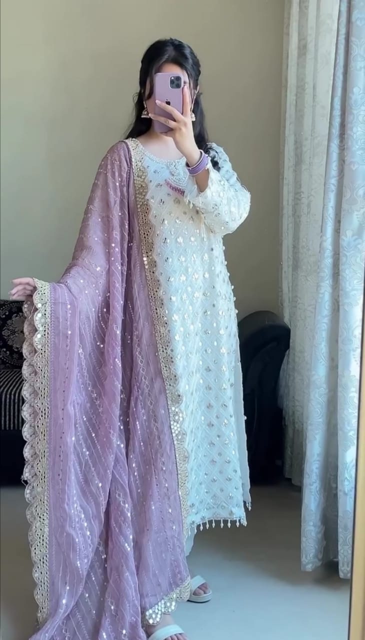 WHITE EMBROIDERED MIRROR WORK 3PC SUIT