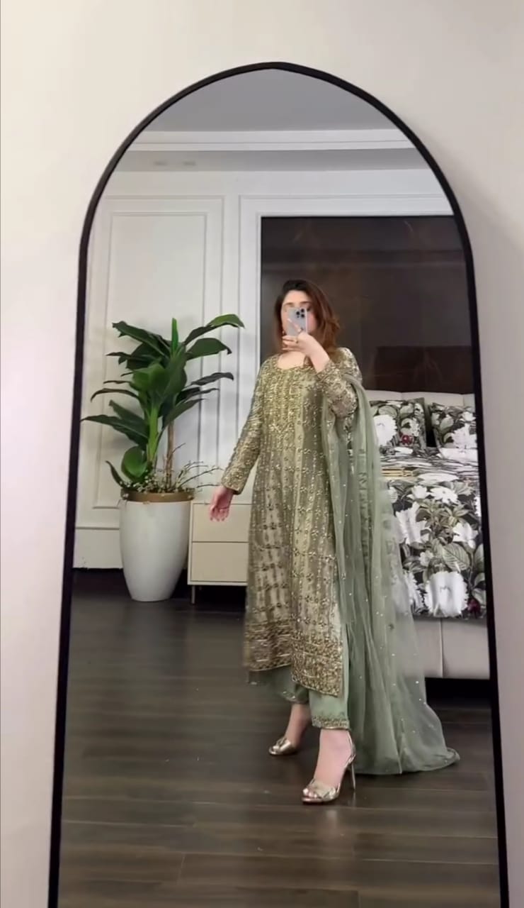 HEAVY EMBROIDERED HANDWORK PISTA COLOR 3PC SUIT