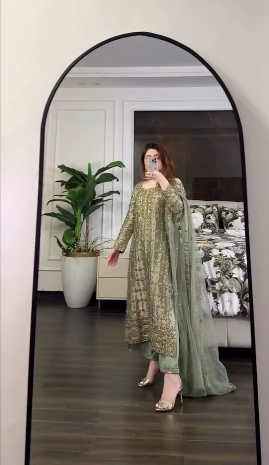 HEAVY EMBROIDERED HANDWORK PISTA COLOR 3PC SUIT