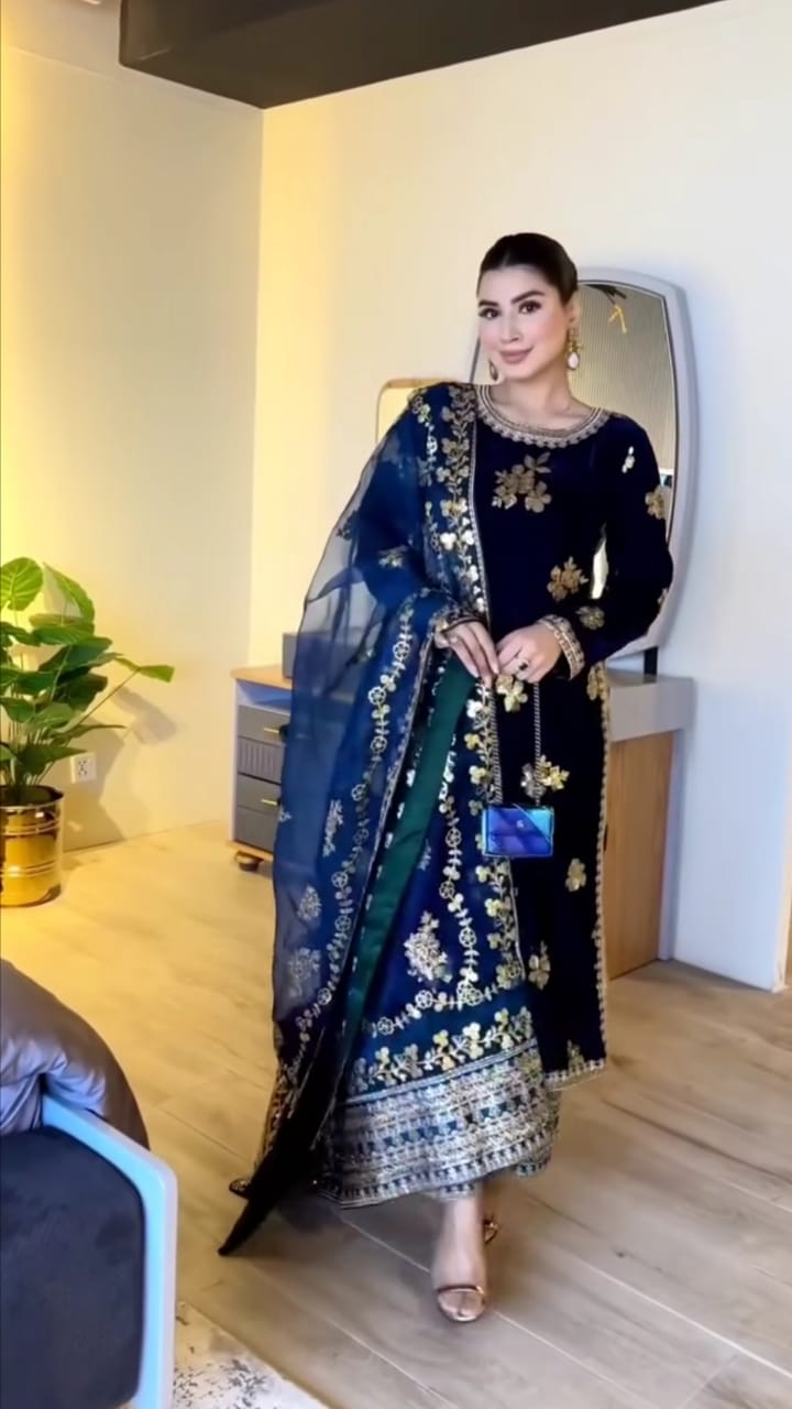 BLUE COLOR VELVET EMBROIDERED 3PC SUIT