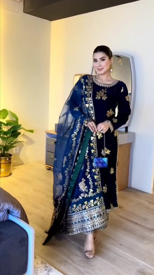 BLUE COLOR VELVET EMBROIDERED 3PC SUIT