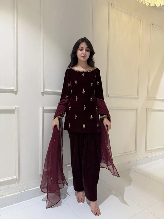 SOLID MAROON VELVET HAND EMBELLISHED KURTA WITH SHALWAR AND DUPATTA