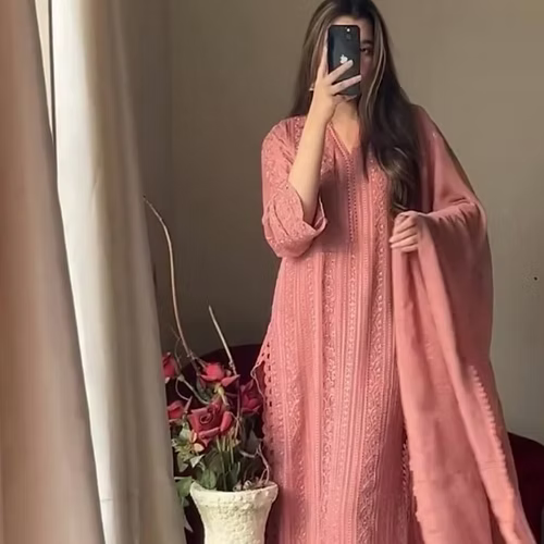 Women's Peach Color Chinon 3pc suit