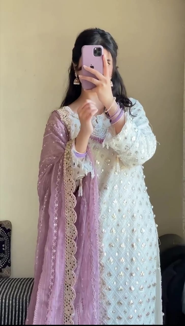 WHITE EMBROIDERED MIRROR WORK 3PC SUIT