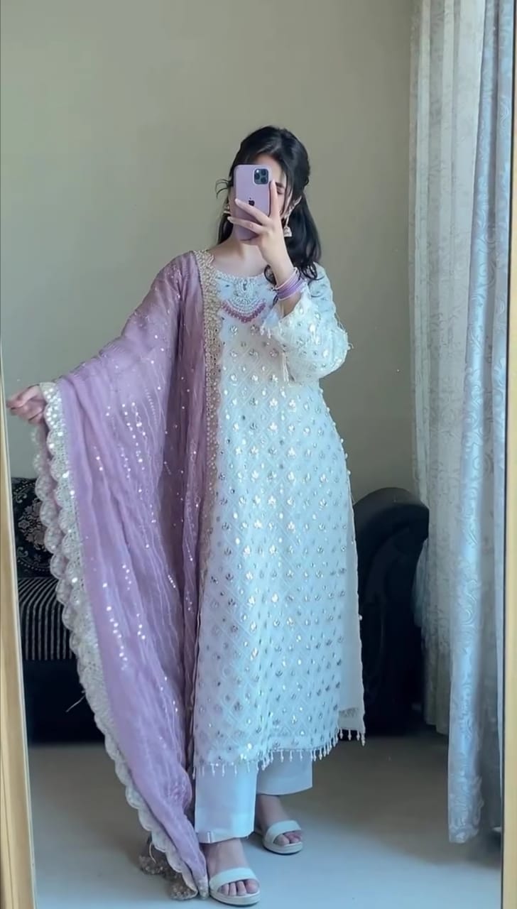 WHITE EMBROIDERED MIRROR WORK 3PC SUIT