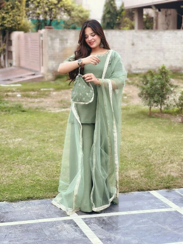 Raw Silk Stitched 3-Piece with Sitara Hand Work