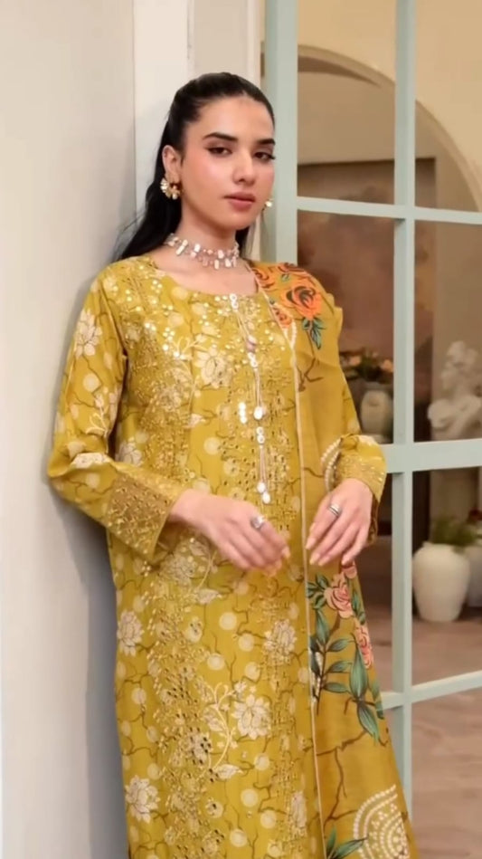 YELLOW EMBROIDERED 3PC SUIT