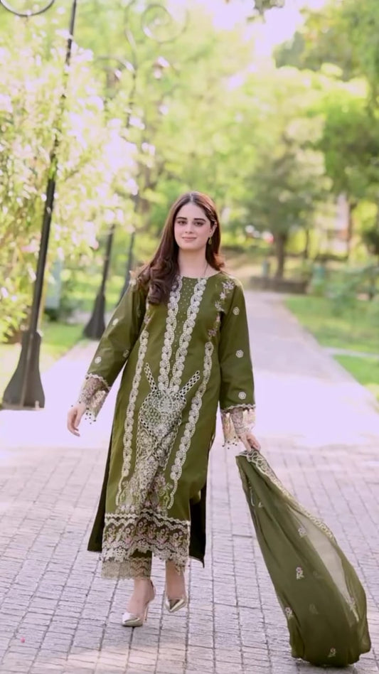 GREEN COLOR EMBROIDERED 3 PC SUIT