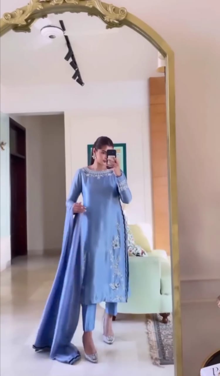 SKY BLUE SILK EMBROIDERED SUIT