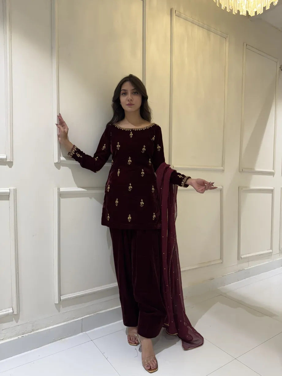 SOLID MAROON VELVET HAND EMBELLISHED KURTA WITH SHALWAR AND DUPATTA