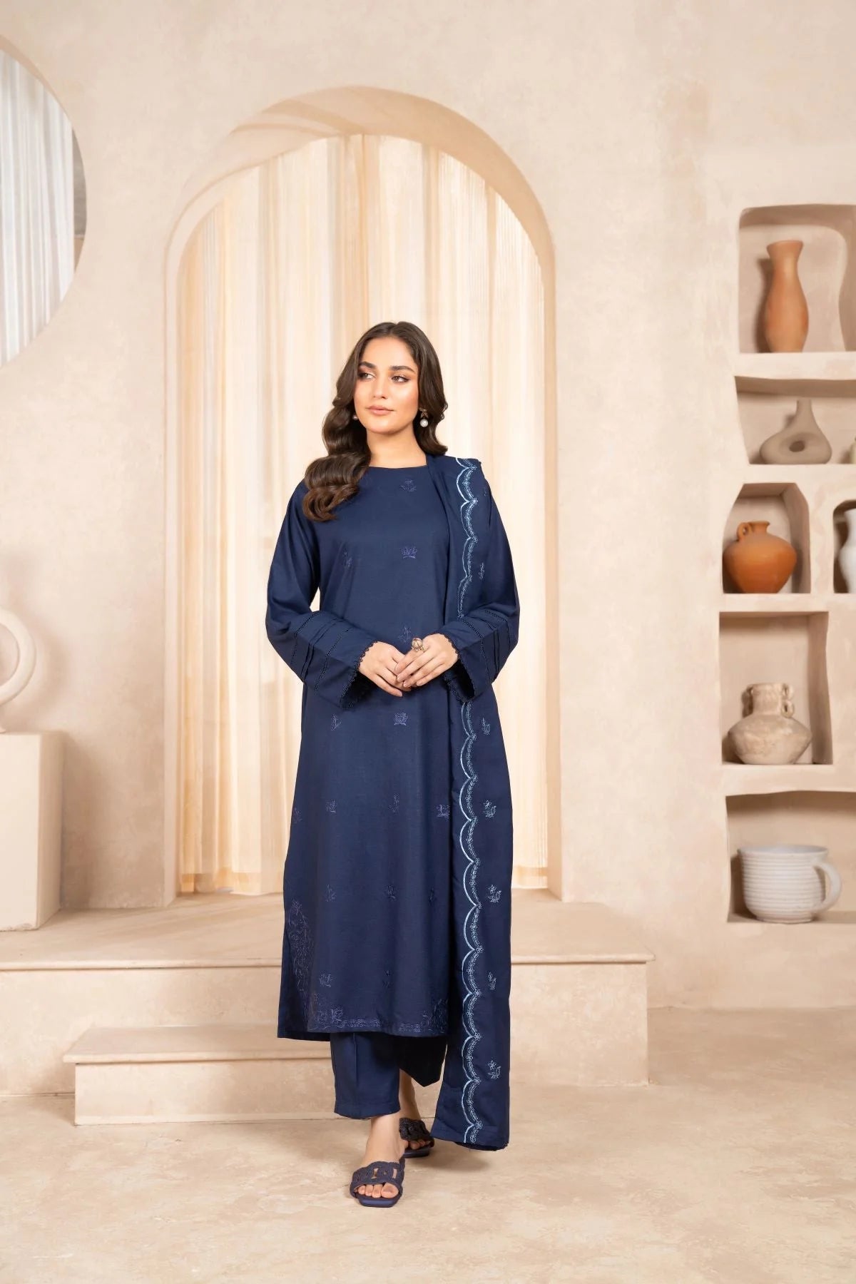 BLUE ARZU EMBROIDERED 3-PIECE WITH SHAWL Stitched Dress.