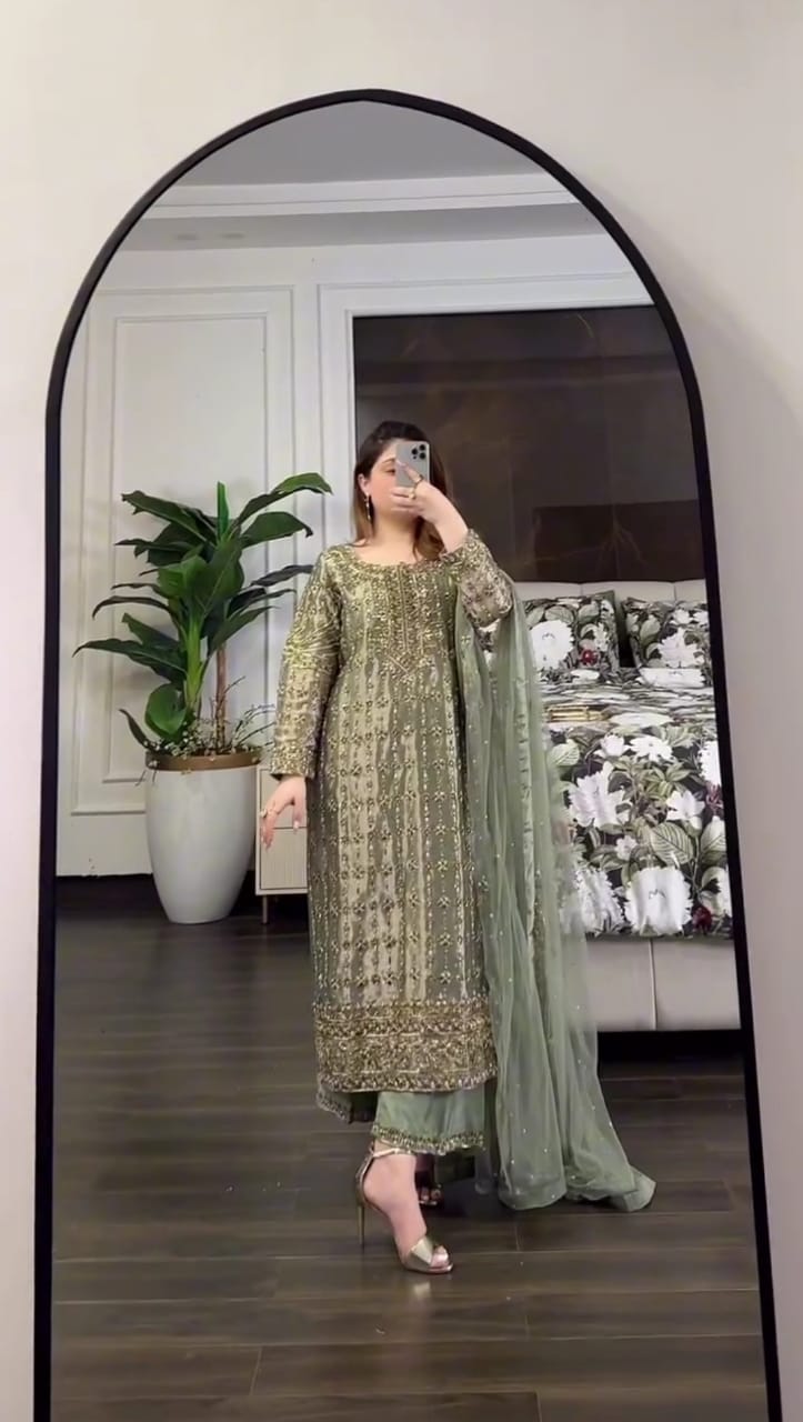 HEAVY EMBROIDERED HANDWORK PISTA COLOR 3PC SUIT