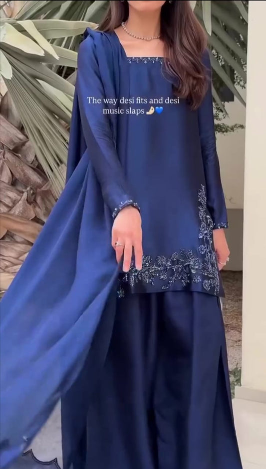 SILK BLUE EMBROIDERED 3PC SUIT