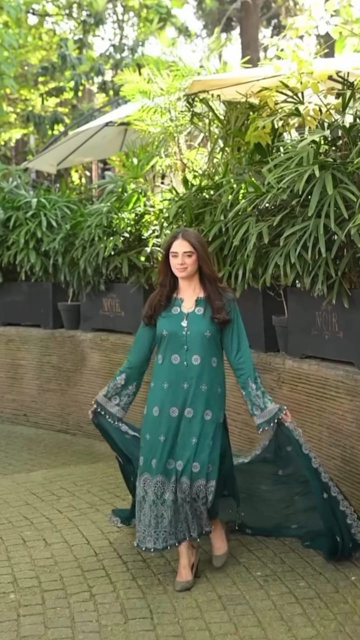 PEACOCK GREEN EMBROIDERED 3PC SUIT