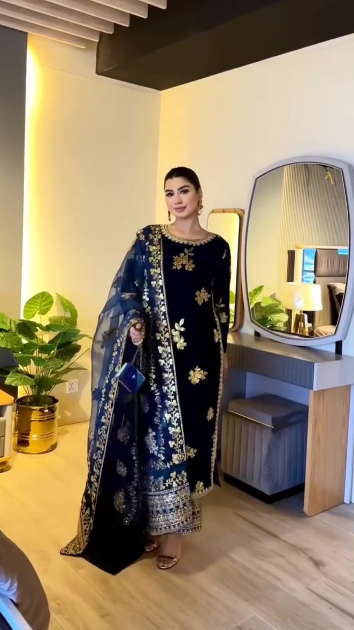 BLUE COLOR VELVET EMBROIDERED 3PC SUIT