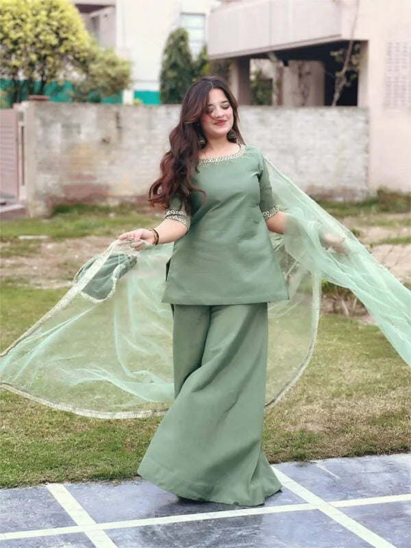 Raw Silk Stitched 3-Piece with Sitara Hand Work