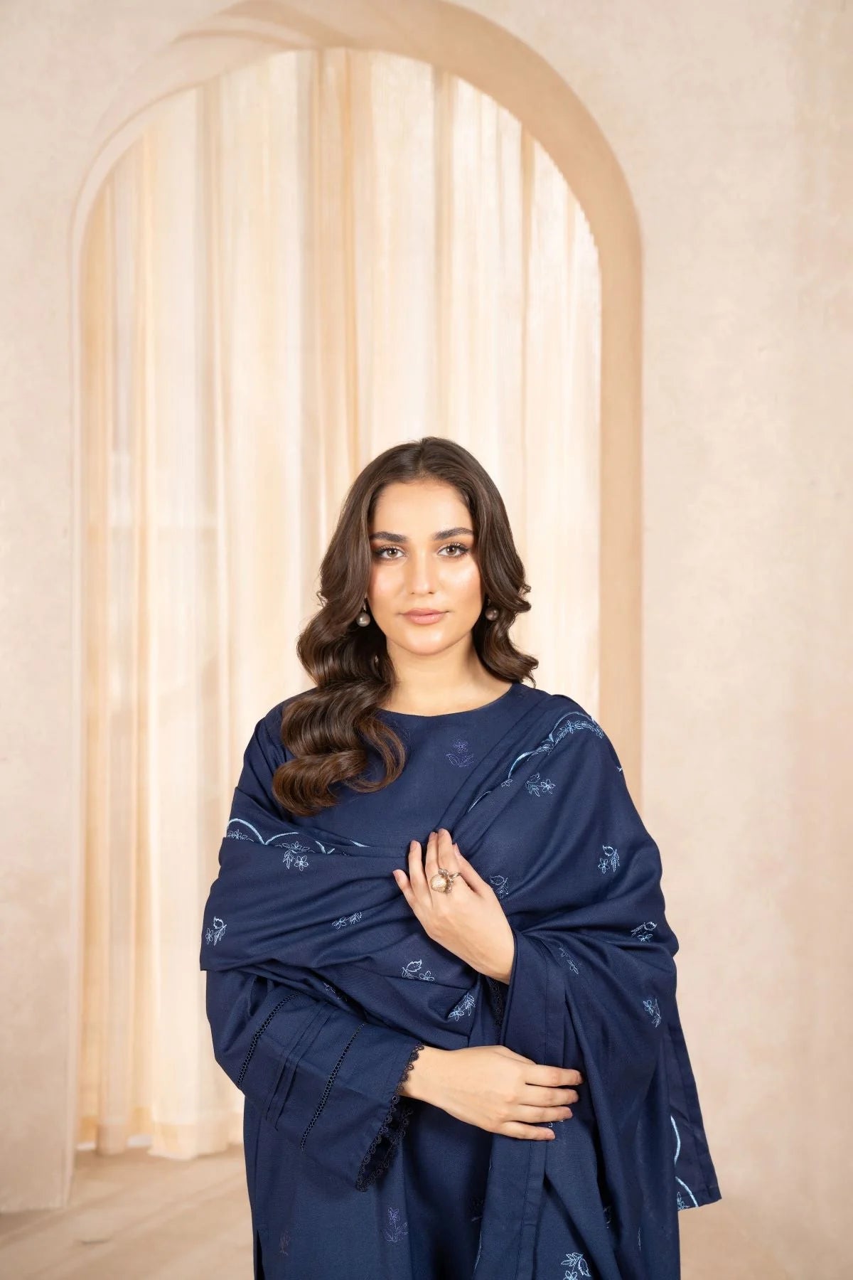 BLUE ARZU EMBROIDERED 3-PIECE WITH SHAWL Stitched Dress.