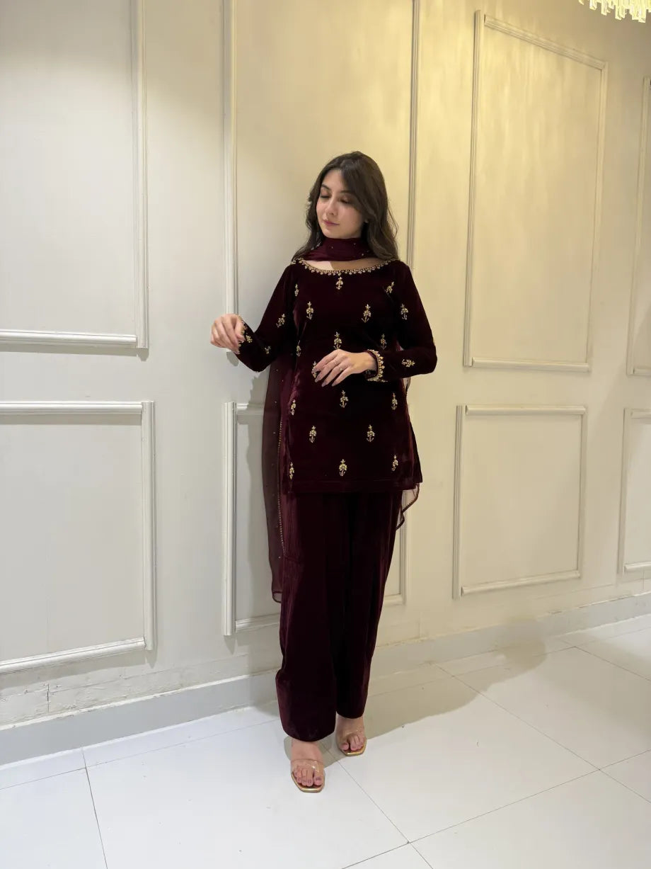 SOLID MAROON VELVET HAND EMBELLISHED KURTA WITH SHALWAR AND DUPATTA