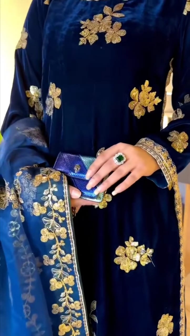 BLUE COLOR VELVET EMBROIDERED 3PC SUIT