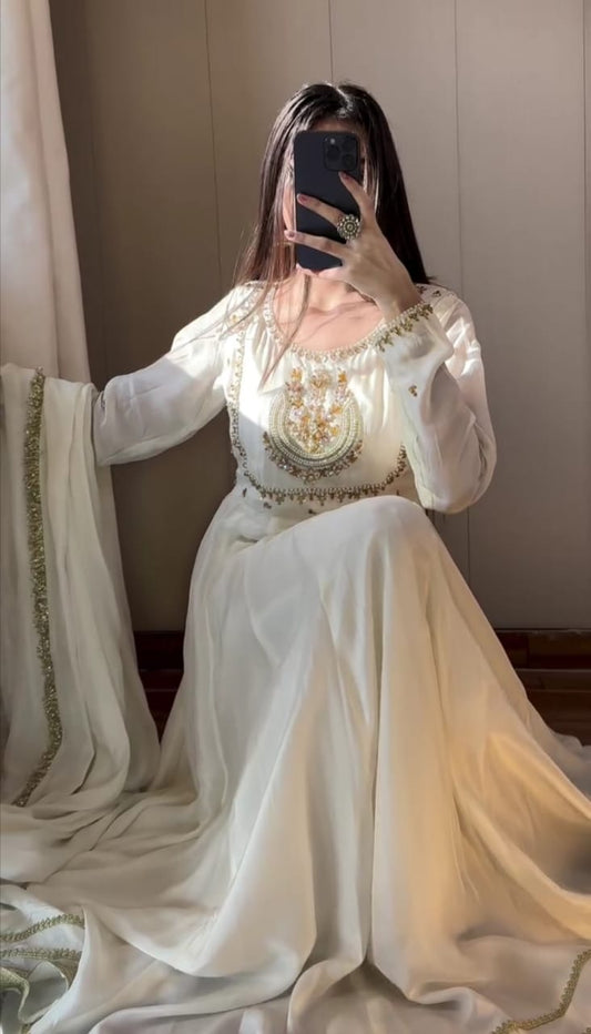 WHITE COLOR EMBROIDERED FROCK WITH DUPATTA AND TROUSER