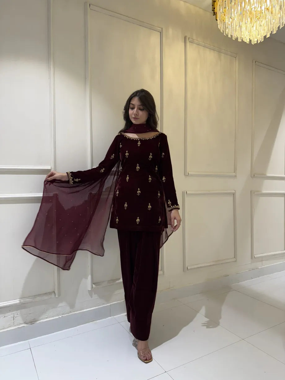 SOLID MAROON VELVET HAND EMBELLISHED KURTA WITH SHALWAR AND DUPATTA