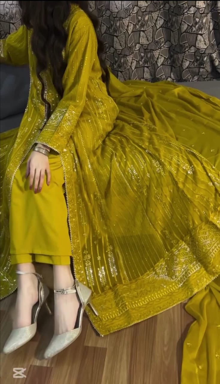 DARK YELLOW EMBROIDERED 3PC SUIT