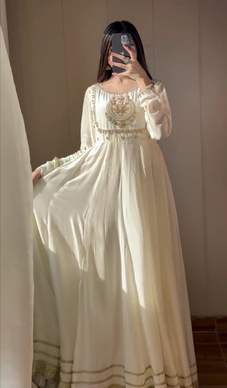WHITE COLOR EMBROIDERED FROCK WITH DUPATTA AND TROUSER