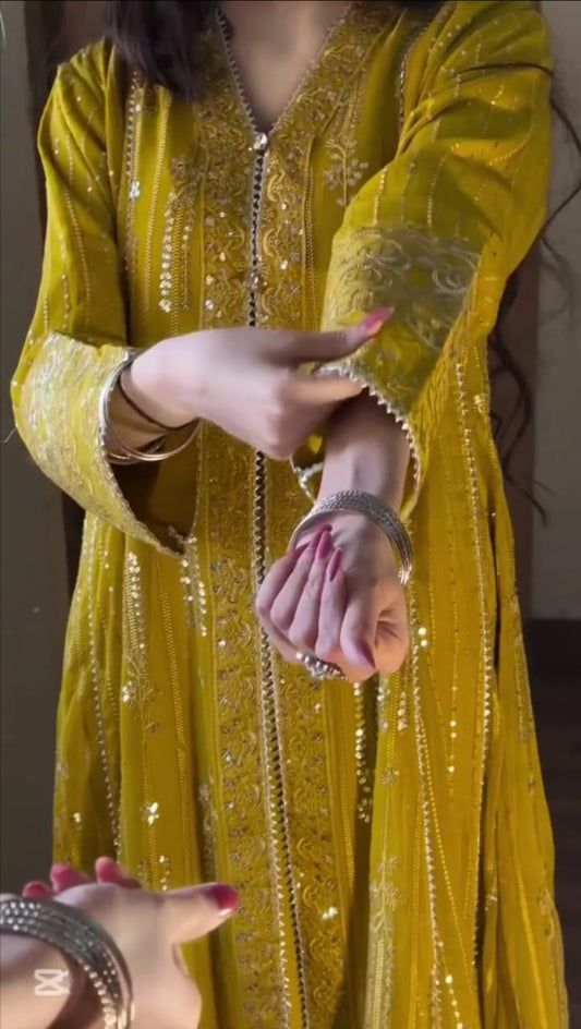 DARK YELLOW EMBROIDERED 3PC SUIT