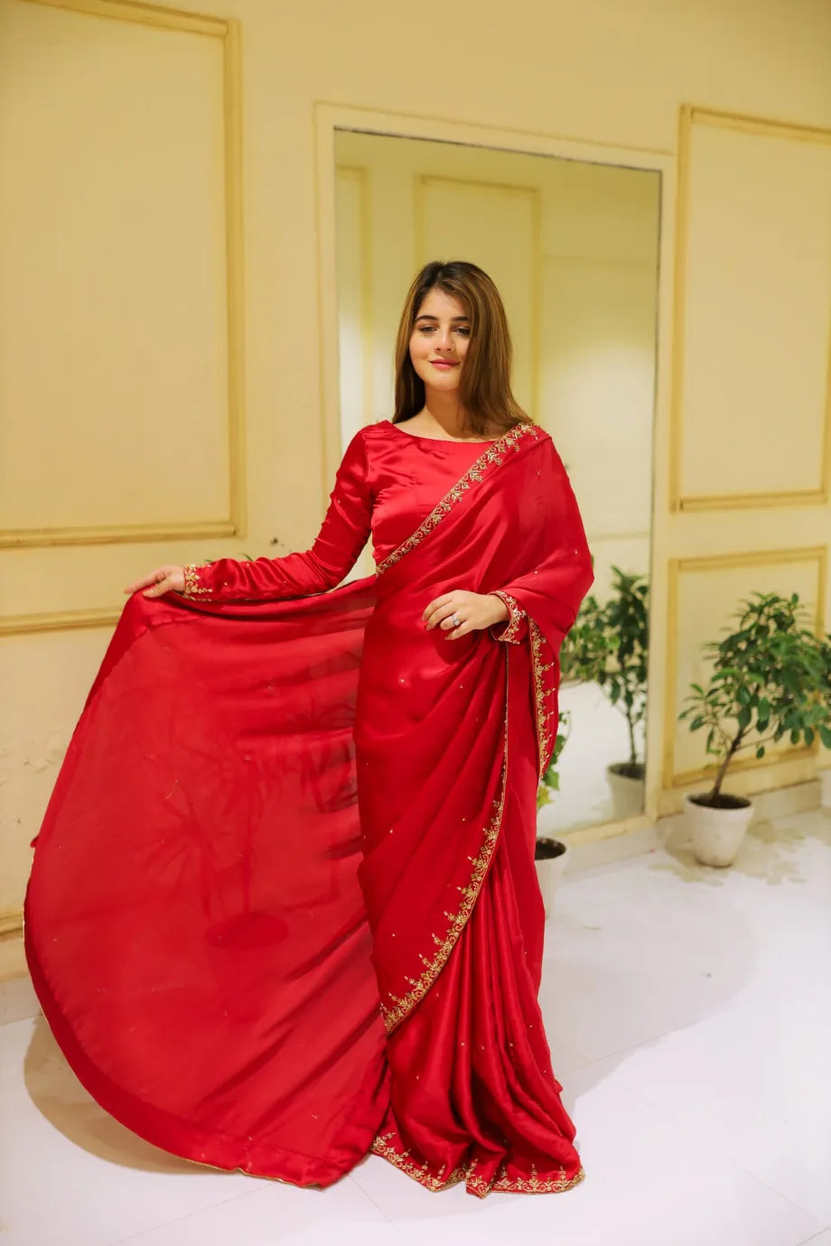 SOLID RED EMBELLISHED SAREE