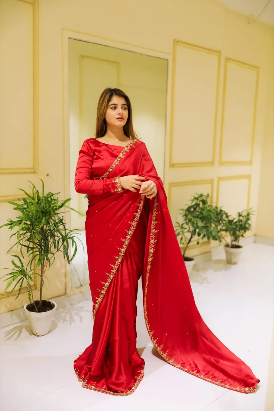 SOLID RED EMBELLISHED SAREE