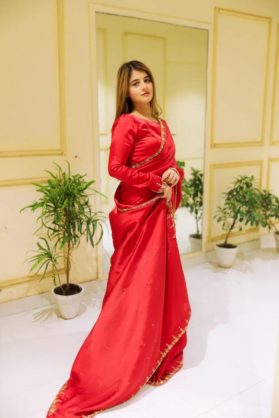 SOLID RED EMBELLISHED SAREE