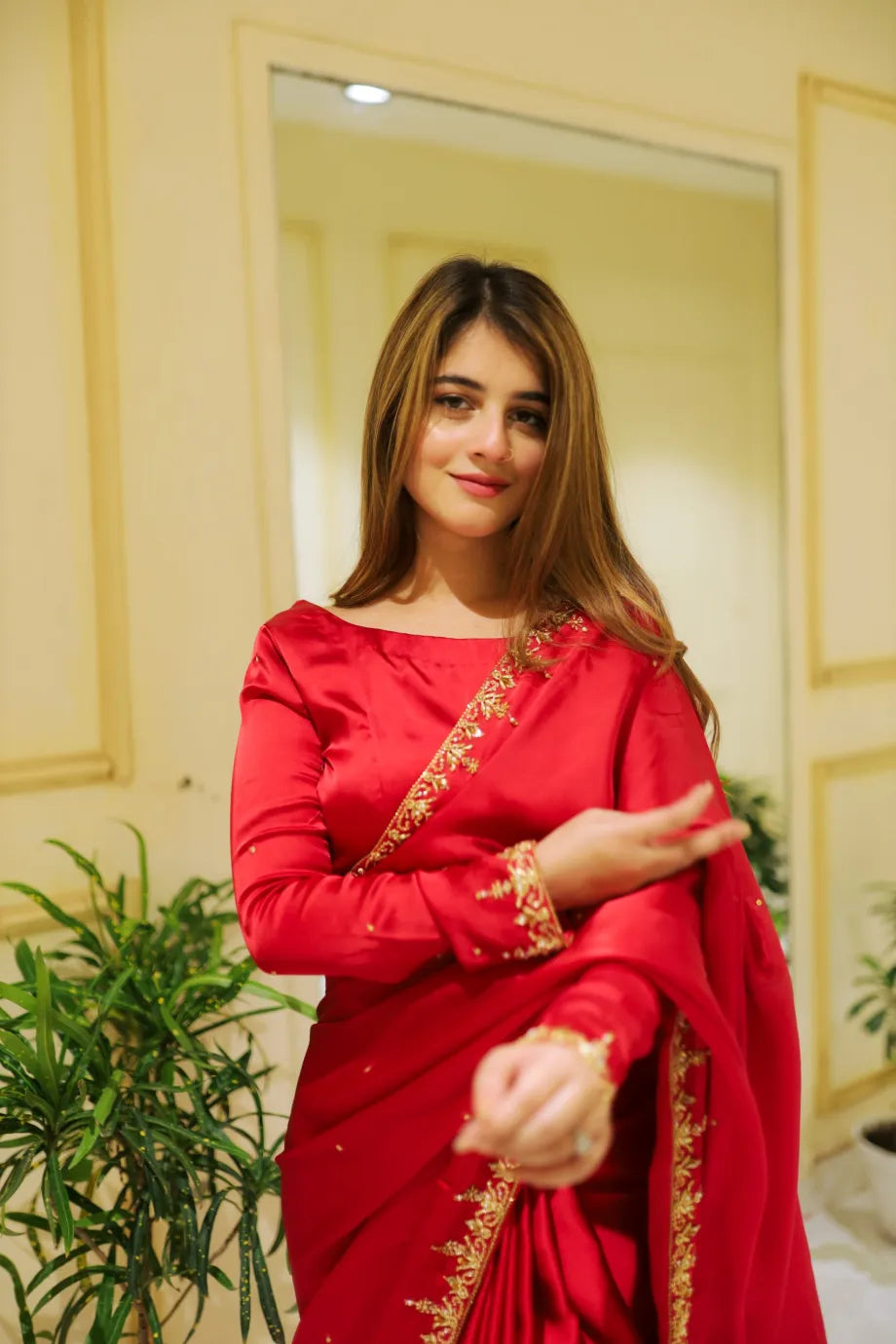 SOLID RED EMBELLISHED SAREE