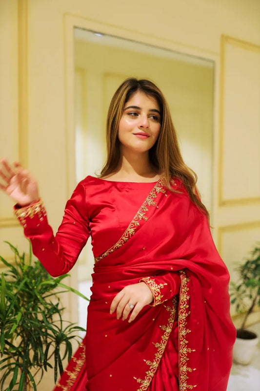 SOLID RED EMBELLISHED SAREE