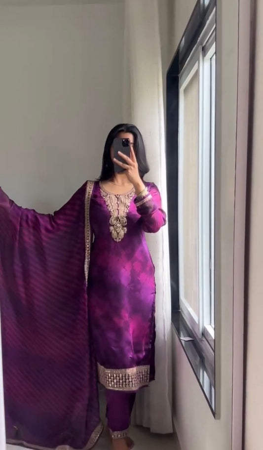 Purple Floral Embroidered 3 Pcs