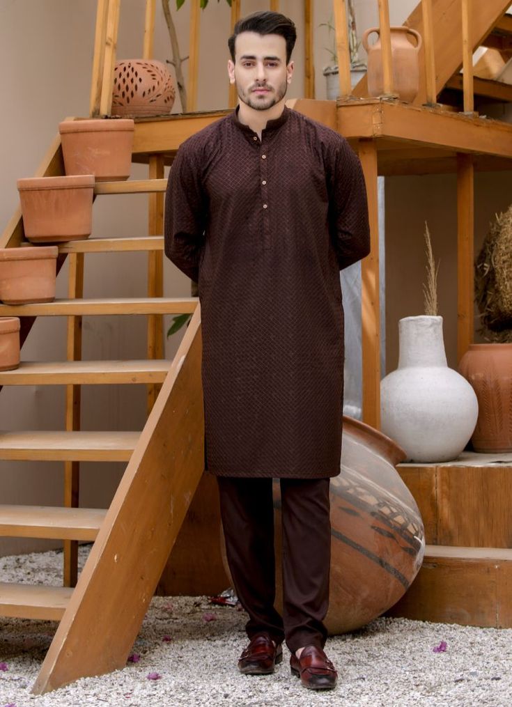 Brown Embroidered Mens Kurta