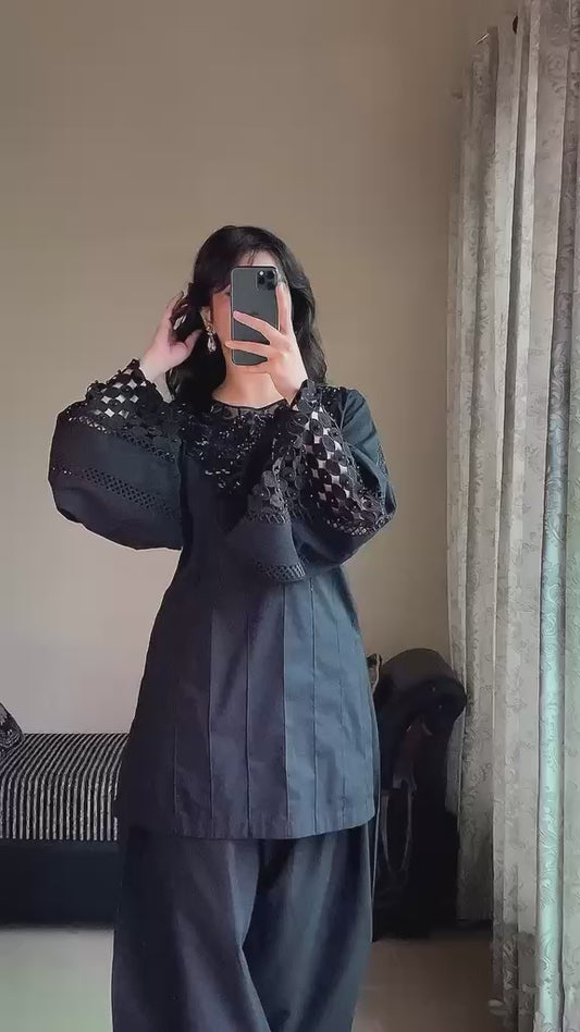 Black Embroidered Pearl Stitched Dress