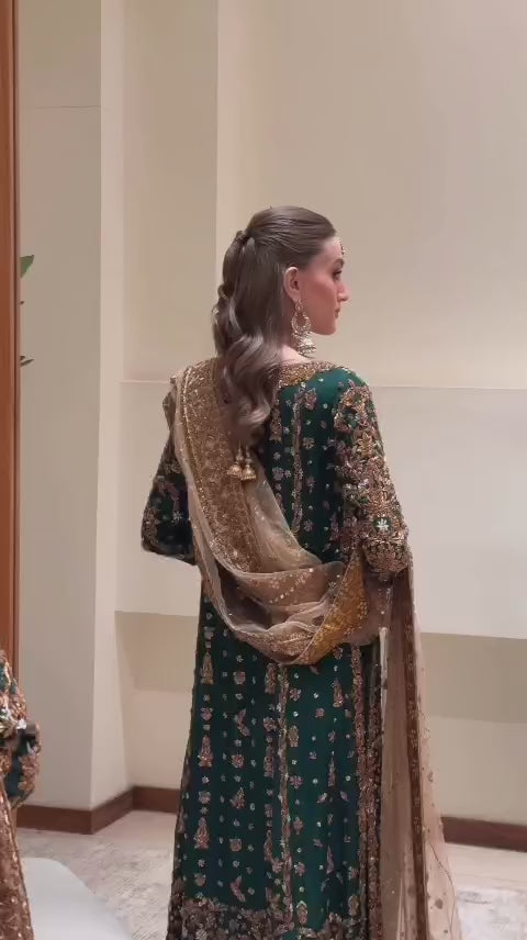 EMERALD GREEN EMBROIDERY WITH GOLDEN KARAI HEAVY 3PC SUIT